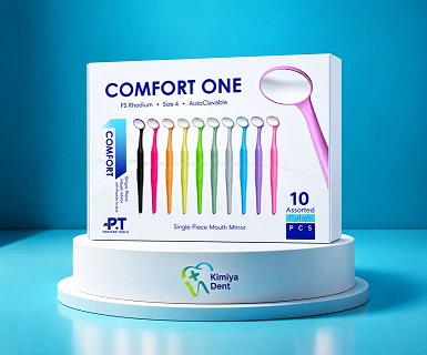 آینه دهانی یک‌تکه Comfort One سایز ۴ با سطح جلویی FS Rhodium – بسته ۱۰ عددی رنگی